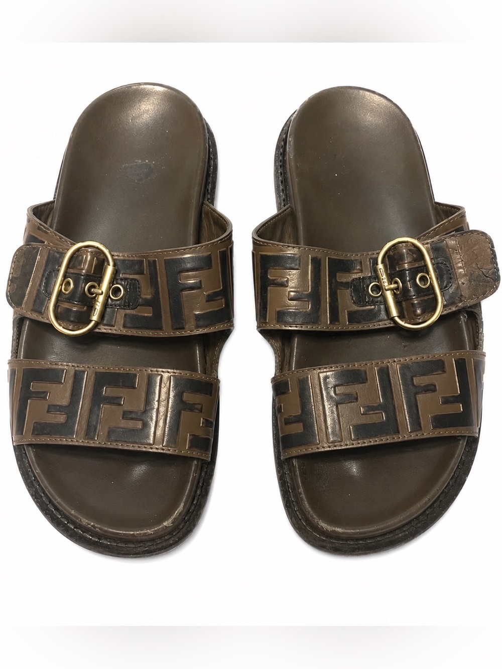 Fendi FF Zucca Logo Double Strap Leather Slides EU 37.5